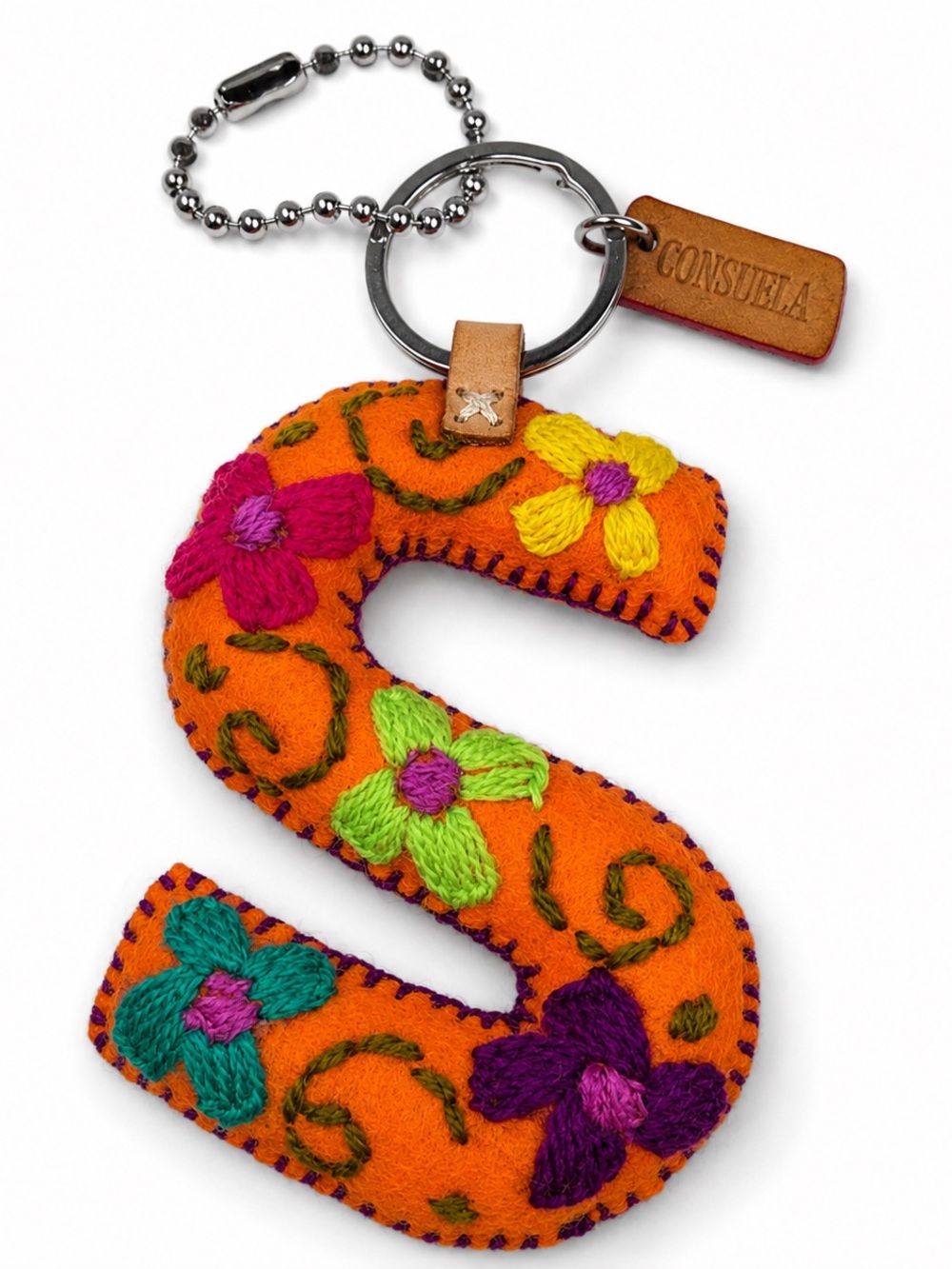 Consuela Orange Floral 'S' Felt Keychain with Multicolor Embroidery